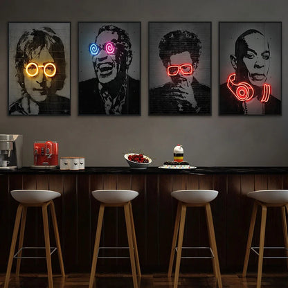 Neon Rapper Star Posters: Abstract Hip Hop Singers Wall Art Canvas Painting for Home or Bar Decor