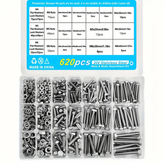 304 Stainless Steel Heavy Duty Bolts and Nuts Assortment Kit - Includes 8 Common Sizes