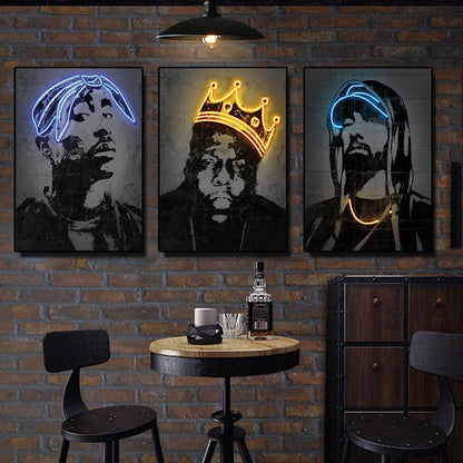 Neon Rapper Star Posters: Abstract Hip Hop Singers Wall Art Canvas Painting for Home or Bar Decor