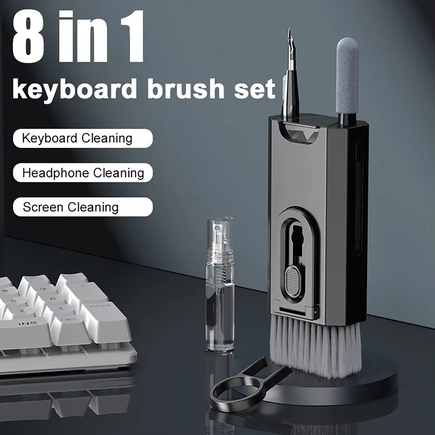 Professional title: "8-in-1 Cleaning Kit for Computer Keyboard, Earphones, Headset, iPad, Phone - Includes Cleaner Brush, Cleaning Pen, and Keycap Puller"