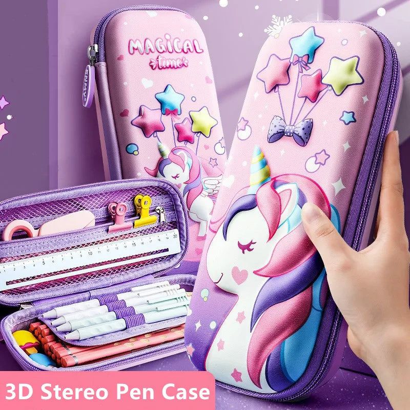 Large Capacity 3D Unicorn Pencil Case for Students - Three Layer School Stationery Box