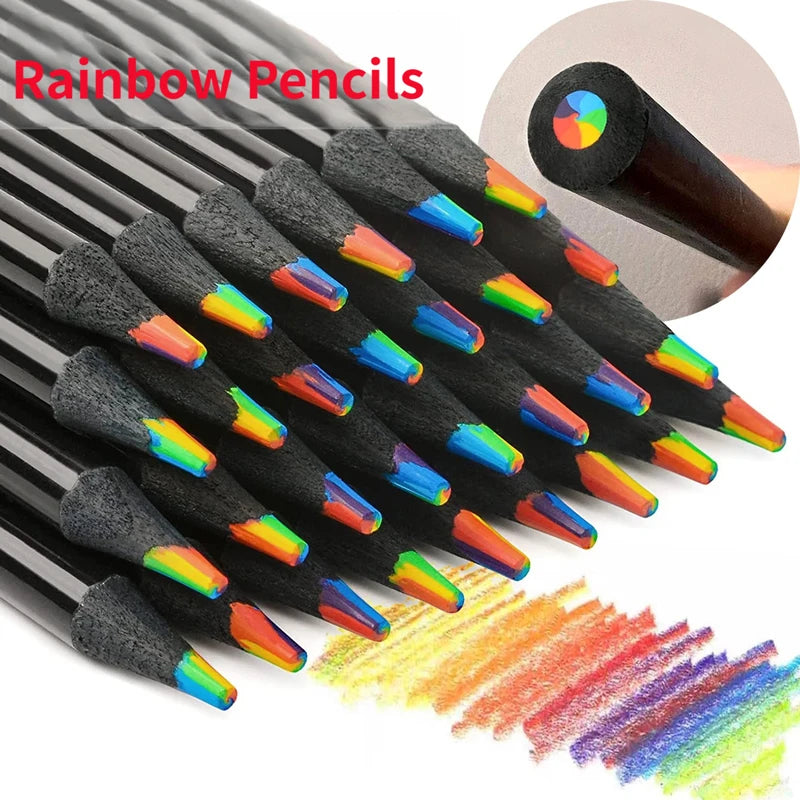 Set of 12 Kawaii Rainbow Pencils with 7 Colors, Concentric Gradient Crayons 