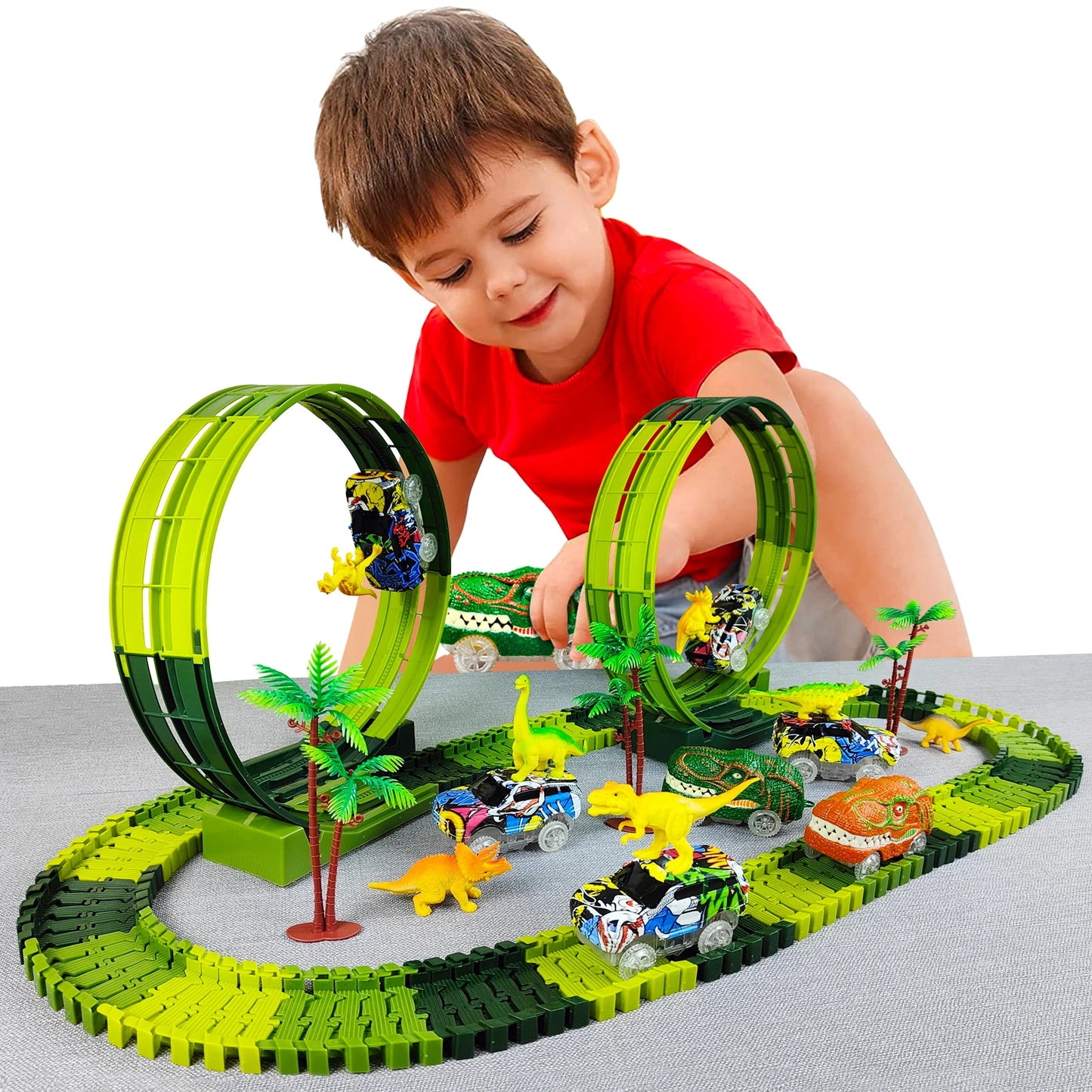 Electric Dinosaur Car Track Railway Toy Set with Flexible Bendable Race Track and Flashing Lights - High-Quality Toy for Kids