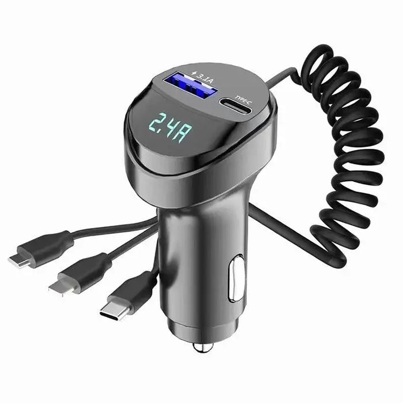 Dual Port 55W USB Fast Car Phone Charger with Voltage Display and Retractable Three-in-One Charging Cable