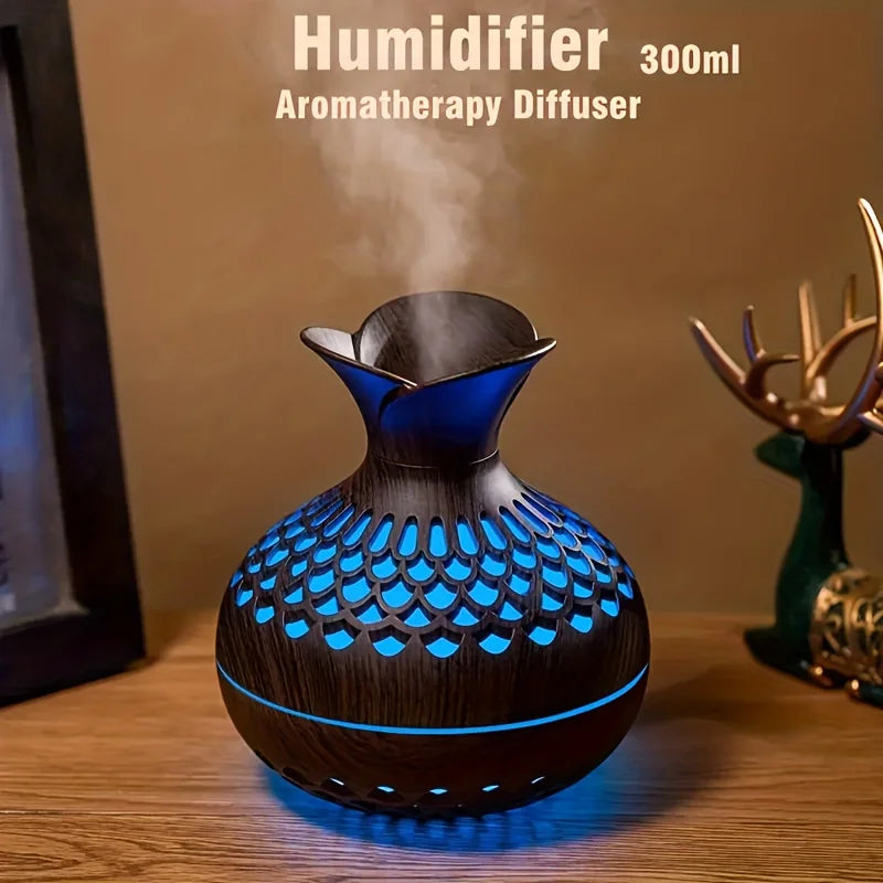 Wooden Vase Colorful Light Cool Mist Air Humidifier with Aromatherapy Essential Oil Diffuser - 300mL, USB Mini Humidificador