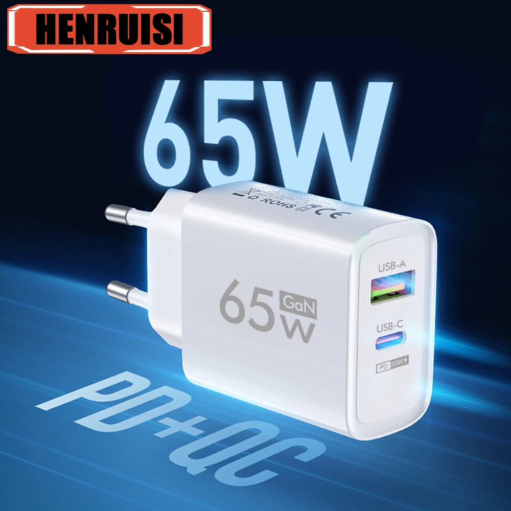 65W GAN USB Type C Wall Charger with QC 3.0 Fast Charging for iPhone, Xiaomi, Huawei, Samsung