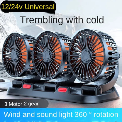 Automotive Electric Car Fan with 3 Adjustable Heads - Dual Speeds, USB/12V/24V Compatible