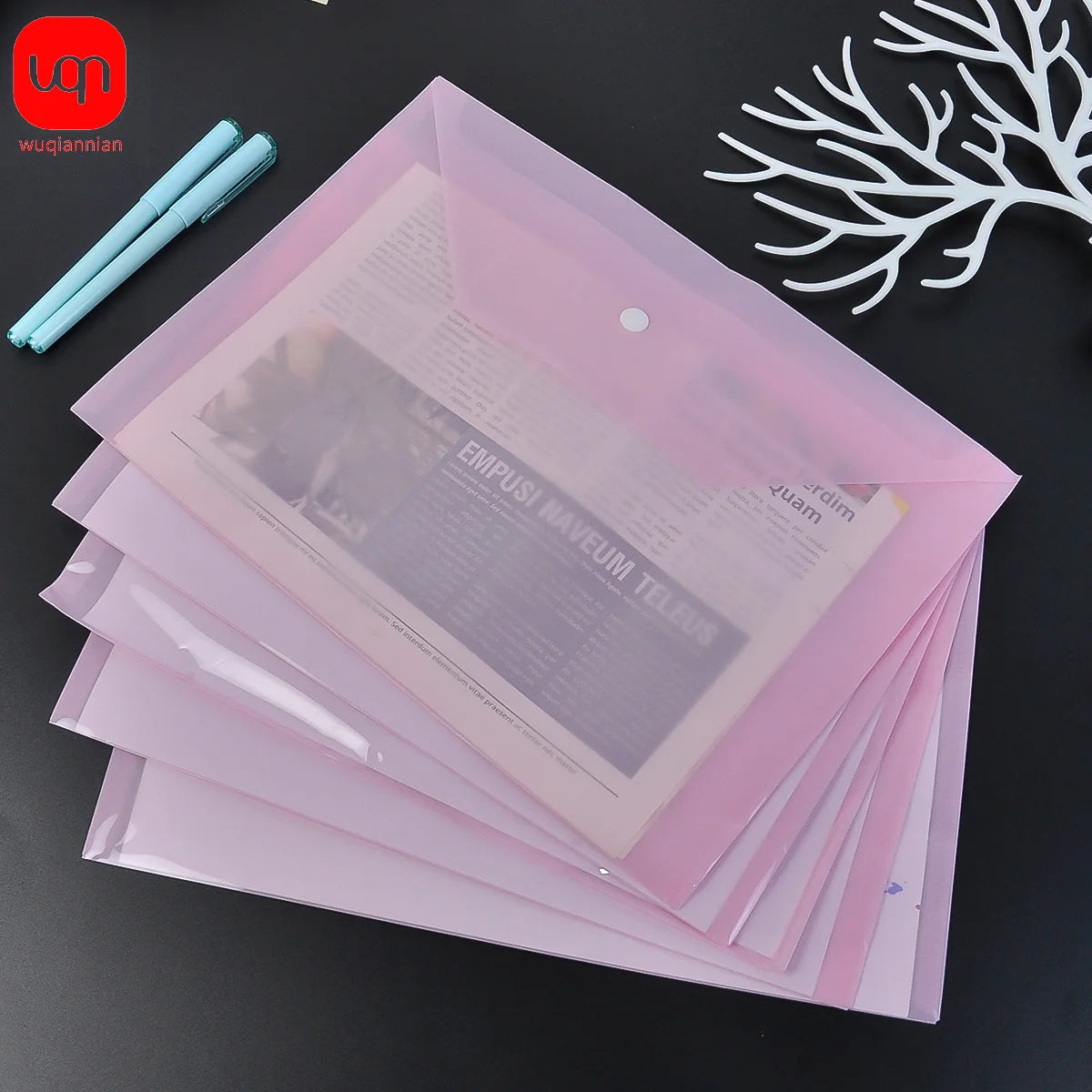 Transparent Reusable Plastic Envelopes with Buttons, A4 Size, Pack of 5