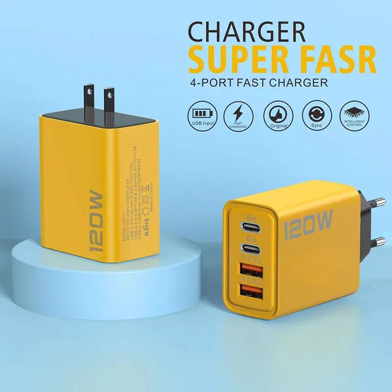 120W Fast Charging 4-Port Mobile Phone Charger with QC USB Type C and Dual PD 3.0 Wall Adapter 