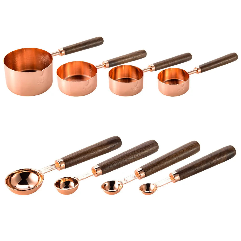 Stainless Steel Measuring Cups and Spoons Set with Wooden Handles - 4 Pieces