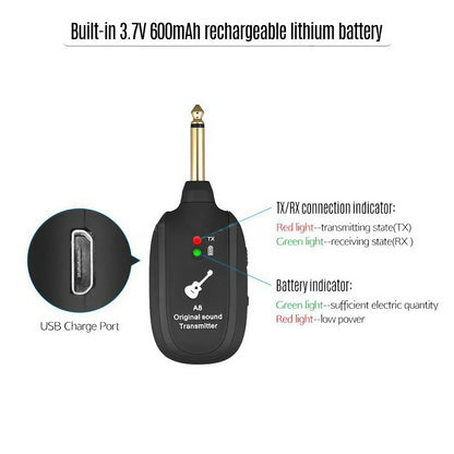 UHF Wireless Guitar System with Built-In Rechargeable Transmitter and Receiver for Musical Instruments