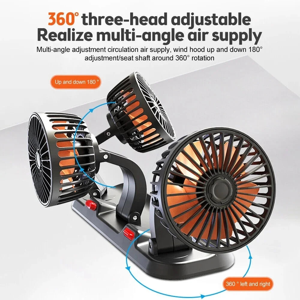 Automotive Electric Car Fan with 3 Adjustable Heads - Dual Speeds, USB/12V/24V Compatible