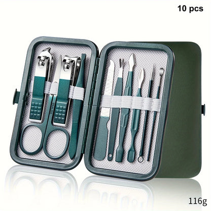 Stainless Steel Nail Clippers Set with Portable Case - 10/18 Pieces Spring Green Manicure Grooming Tool Set