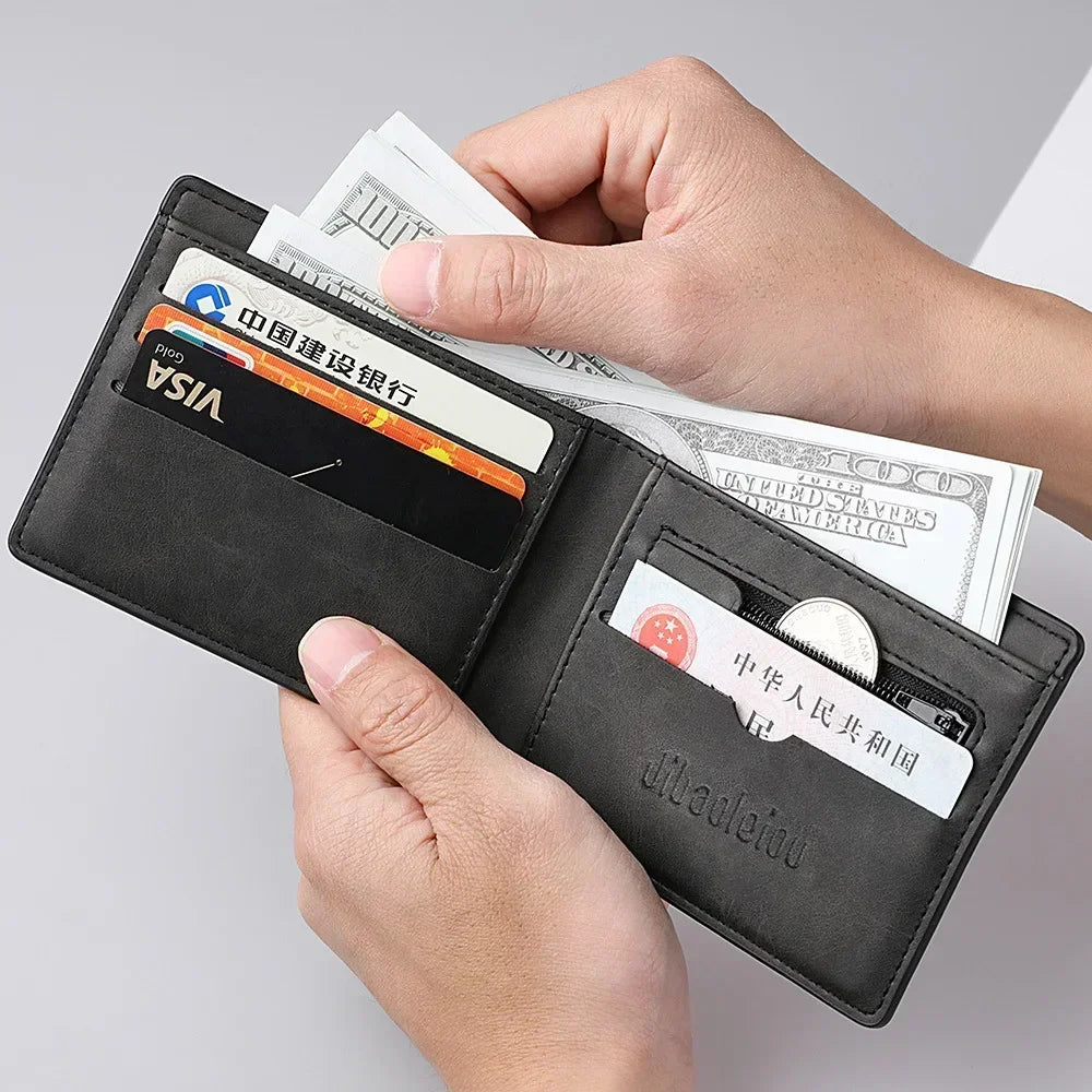 Men's Genuine PU Leather Short Zipper Wallet with Money Clip