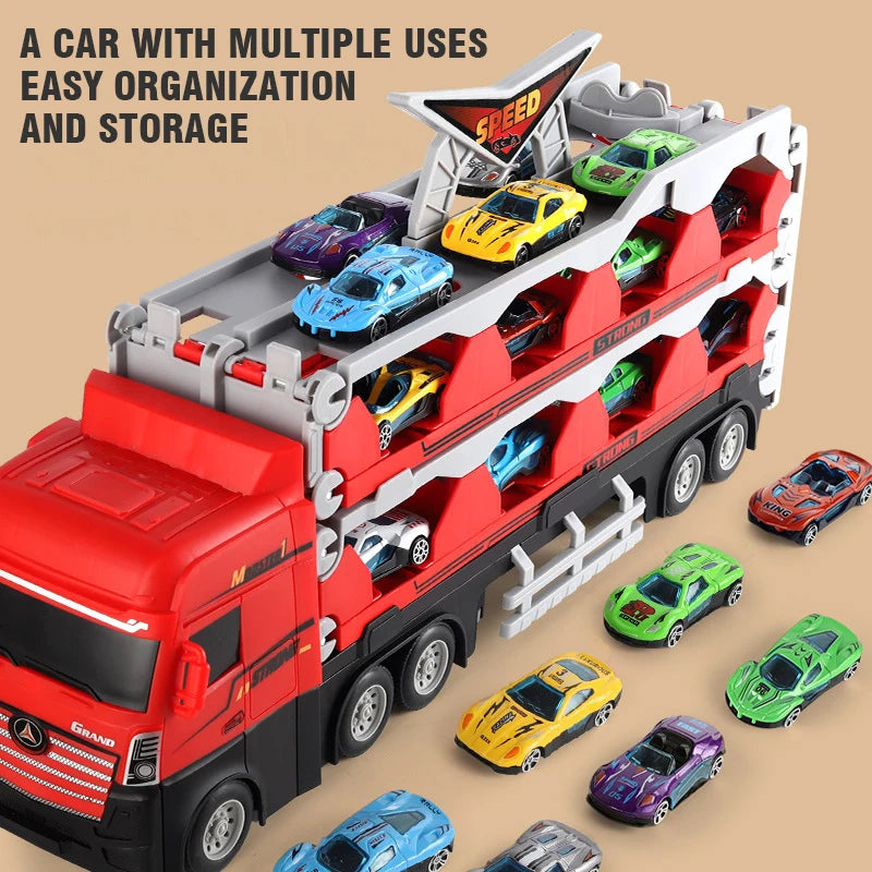 Large Car Transporter Truck with Folding Track for Kids Competitive Racing Games