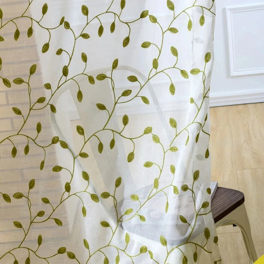 "Custom Green Leaf Embroidered Sheer Curtain for Kitchen and Balcony - Linen Voile Window Drape"