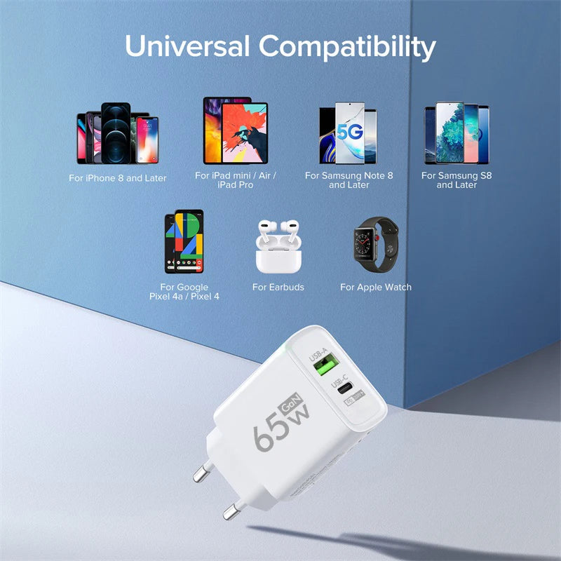 65W GAN USB Type C Wall Charger with QC 3.0 Fast Charging for iPhone, Xiaomi, Huawei, Samsung