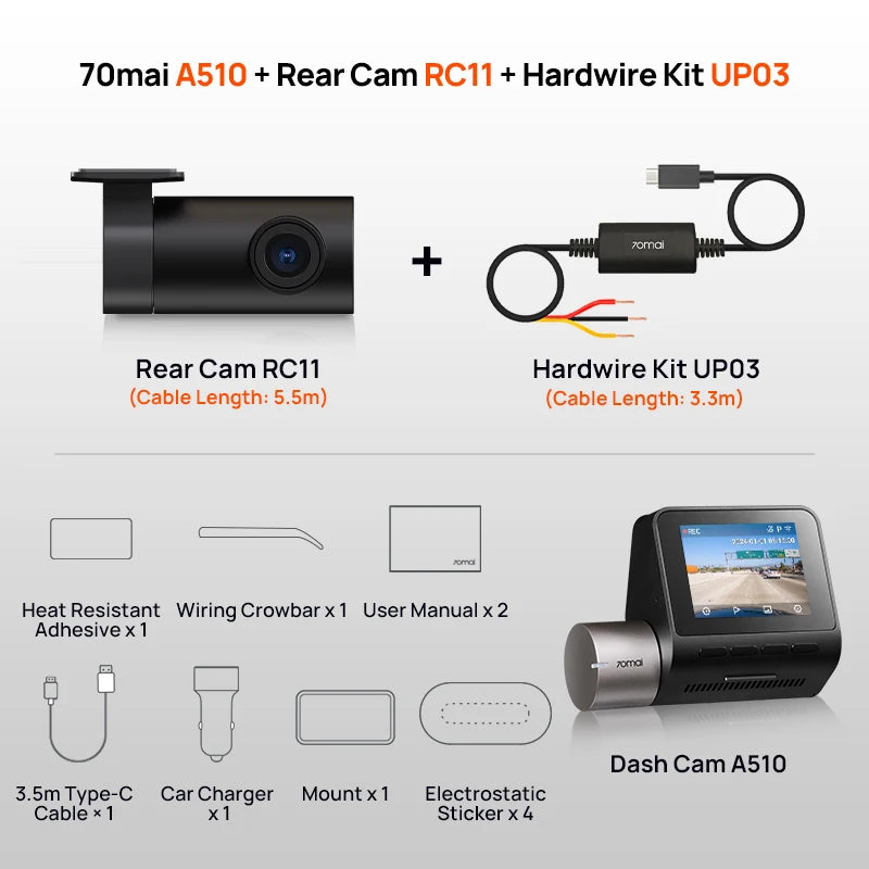 2024 A510 Dash Cam with 1944P HDR, GPS, ADAS, and 4G Connectivity - Front and Rear Cam with 24H Parking Support