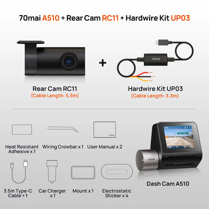 2024 A510 Dash Cam with 1944P HDR, GPS, ADAS, and 4G Connectivity - Front and Rear Cam with 24H Parking Support