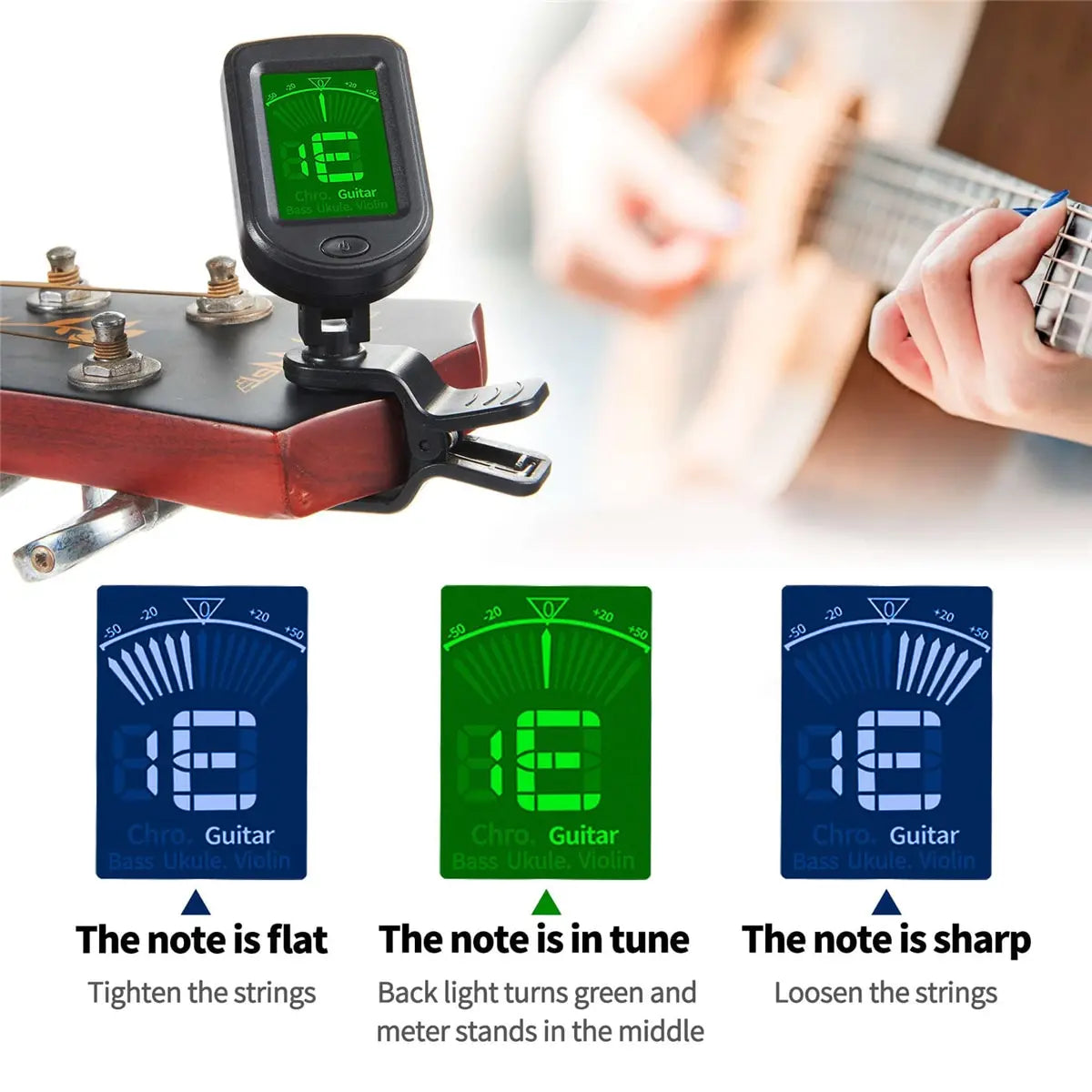 Universal Clip-On Electronic Tuner for Guitar, Bass, Ukulele, Violin, Mandolin, and Banjo