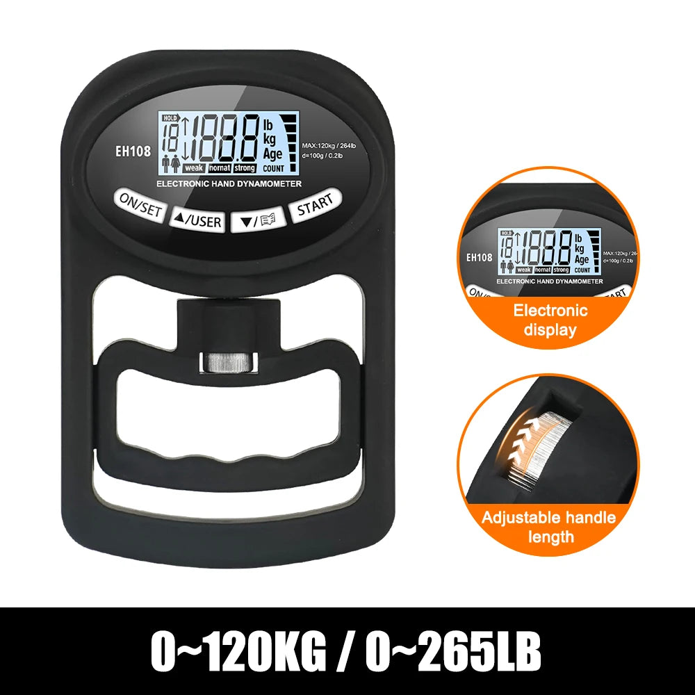 Digital Hand Dynamometer Grip Strength Tester - 265 lbs (120 kg) Capacity with USB and LCD Screen