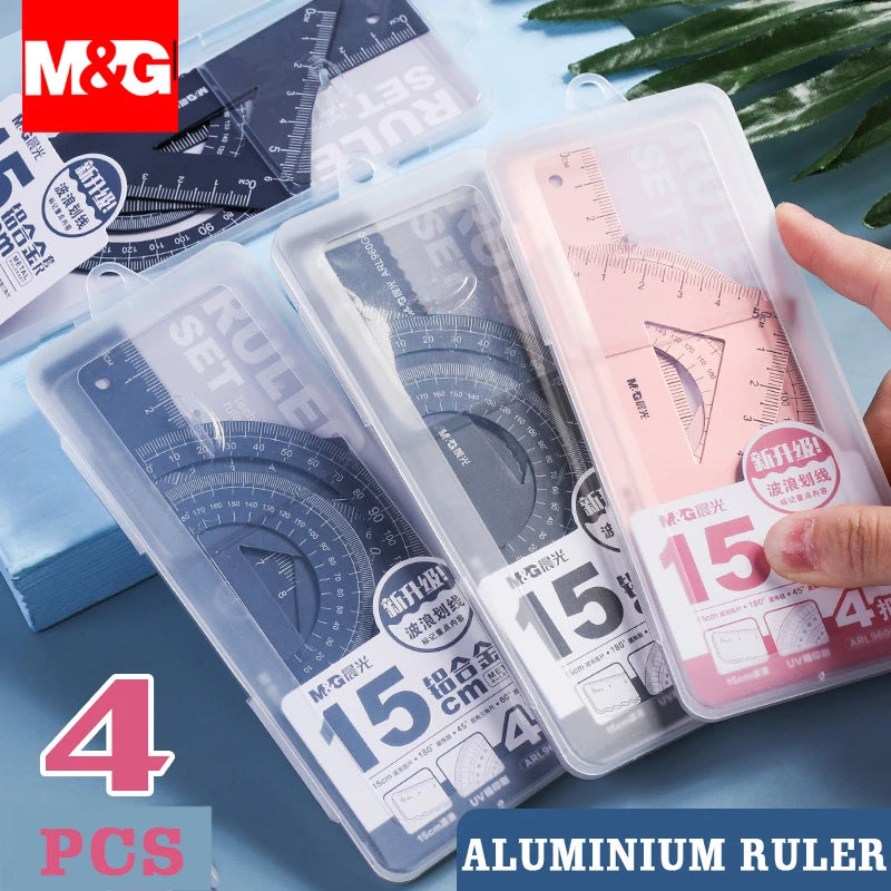 Set of 4 M&G Aluminium Rulers for Mathematics and Drawing in School Stationery