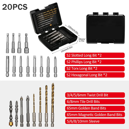 Professional Drill Bit Set with Impact Driver Bits for Wood, Metal, Steel, and Security Screws - 15/20/45 Pieces with Storage Case