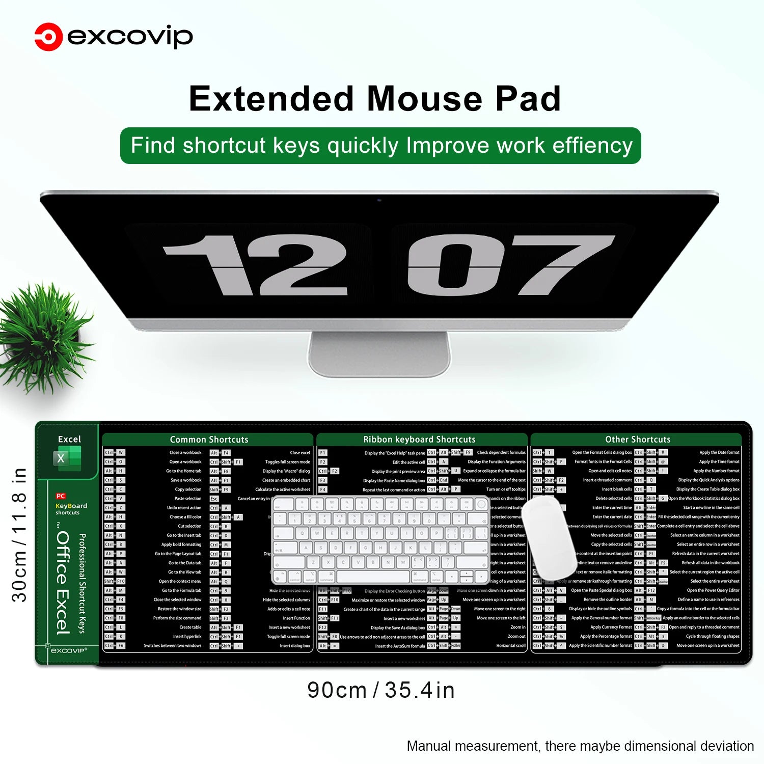 Large Extended Excel Shortcuts Mouse Pad for Office Computer Desk - Stitched Edge, Non-Slip Base