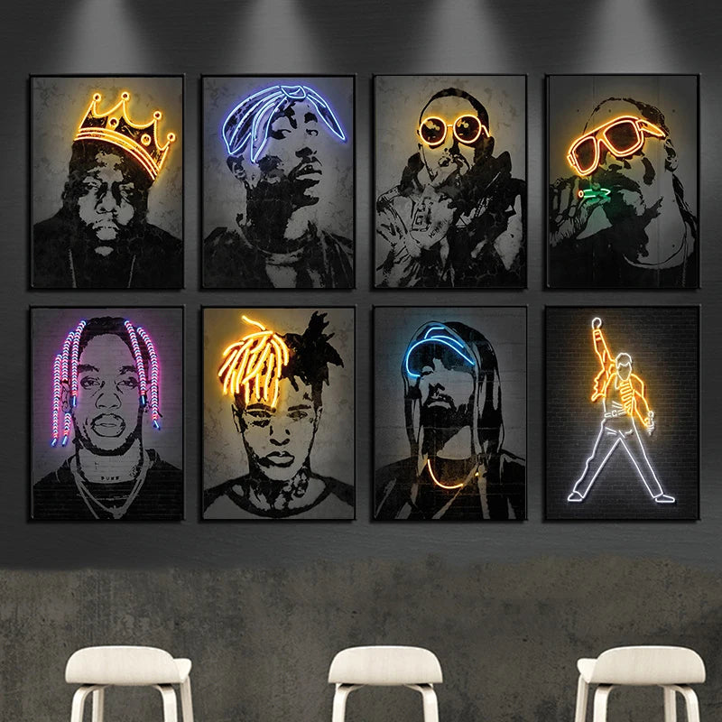 Neon Rapper Star Posters: Abstract Hip Hop Singers Wall Art Canvas Painting for Home or Bar Decor