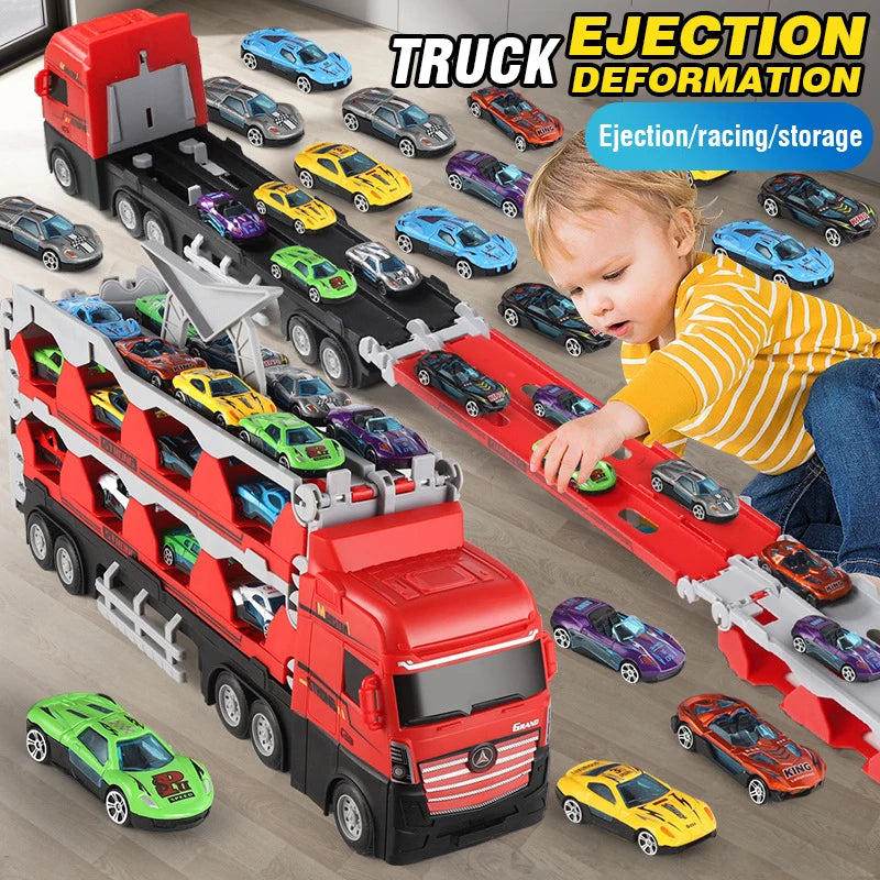 Large Car Transporter Truck with Folding Track for Kids Competitive Racing Games