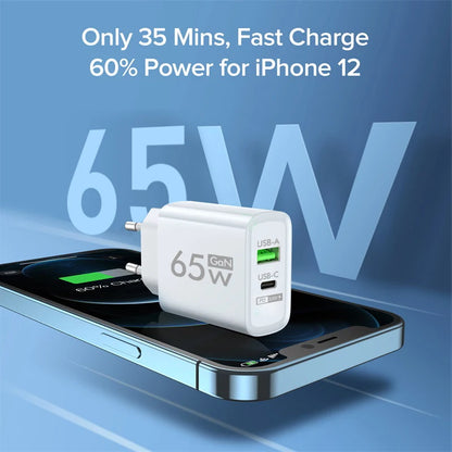 65W GAN USB Type C Wall Charger with QC 3.0 Fast Charging for iPhone, Xiaomi, Huawei, Samsung