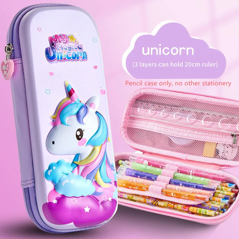 Large Capacity 3D Unicorn Pencil Case for Students - Three Layer School Stationery Box