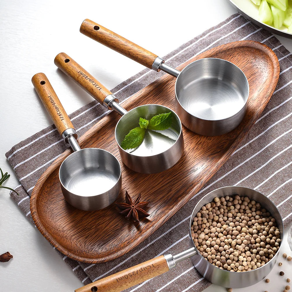 Stainless Steel Measuring Cups and Spoons Set with Wooden Handles - 4 Pieces