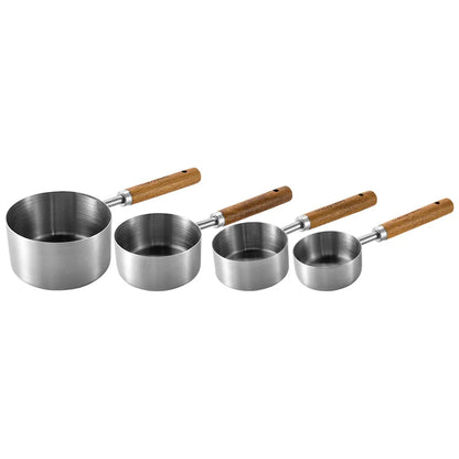 Stainless Steel Measuring Cups and Spoons Set with Wooden Handles - 4 Pieces