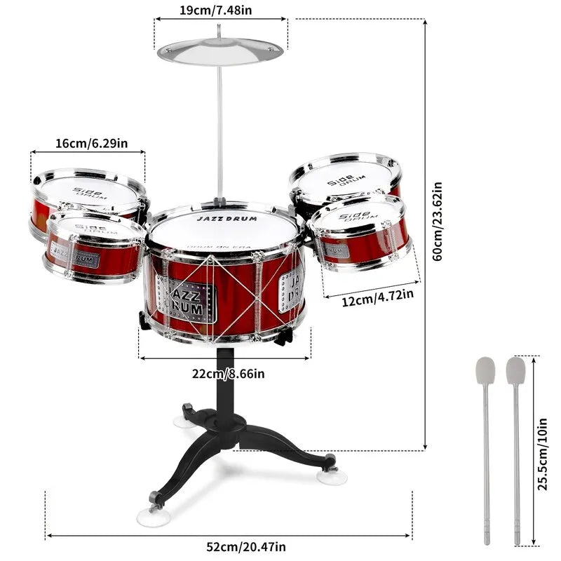 Children's Jazz Drum Set with Stool, Drum Sticks, Cymbal, and 5 Drums - Musical Instrument Toy Kit for Toddlers