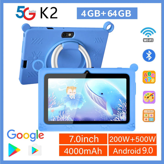 5G Kids Tablet - 7 Inch Quad Core, 4GB RAM, 64GB ROM, Android 9.0, Google Learning Education Games, Wifi Bluetooth