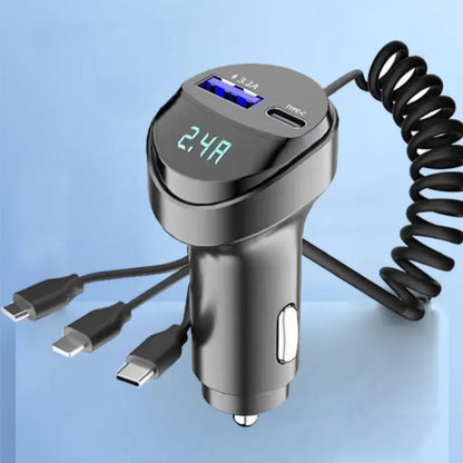 Dual Port 55W USB Fast Car Phone Charger with Voltage Display and Retractable Three-in-One Charging Cable