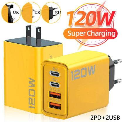 120W Fast Charging 4-Port Mobile Phone Charger with QC USB Type C and Dual PD 3.0 Wall Adapter 