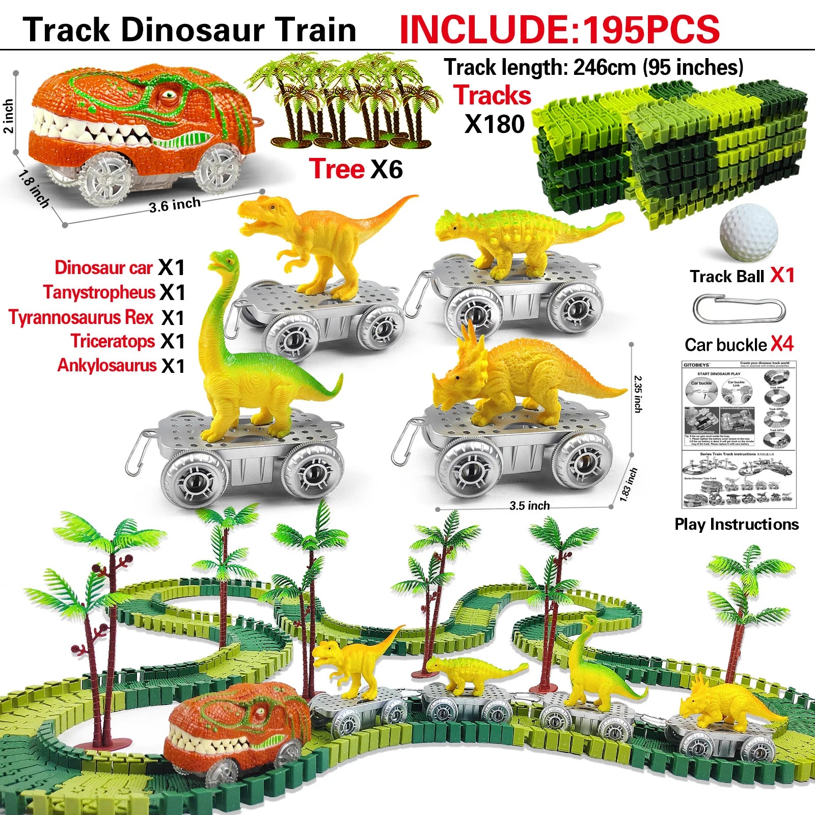 Electric Dinosaur Car Track Railway Toy Set with Flexible Bendable Race Track and Flashing Lights - High-Quality Toy for Kids