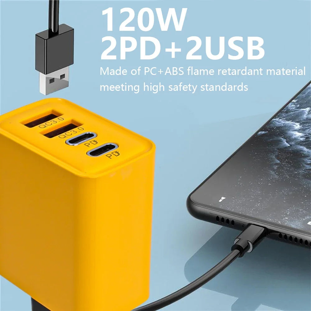 120W Fast Charging 4-Port Mobile Phone Charger with QC USB Type C and Dual PD 3.0 Wall Adapter 