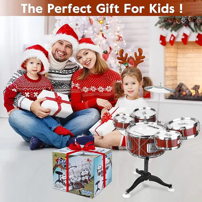 Children's Jazz Drum Set with Stool, Drum Sticks, Cymbal, and 5 Drums - Musical Instrument Toy Kit for Toddlers