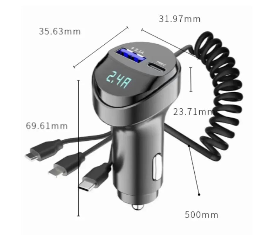 Dual Port 55W USB Fast Car Phone Charger with Voltage Display and Retractable Three-in-One Charging Cable