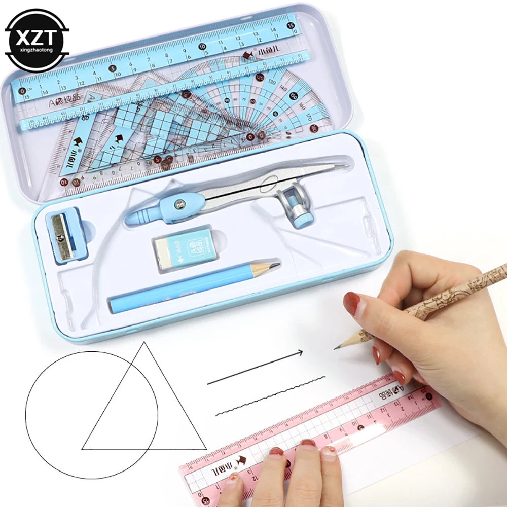 8-Piece Geometry Math Drawing Stationery Set with Ruler, Compass, and Pencil 