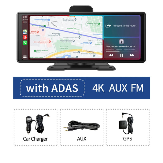 10.26" 4K Dash Cam with ADAS, Wireless Carplay, Android Auto, 5G Wifi, GPS Navigation, Rearview Camera, and Dashboard Video Recorder