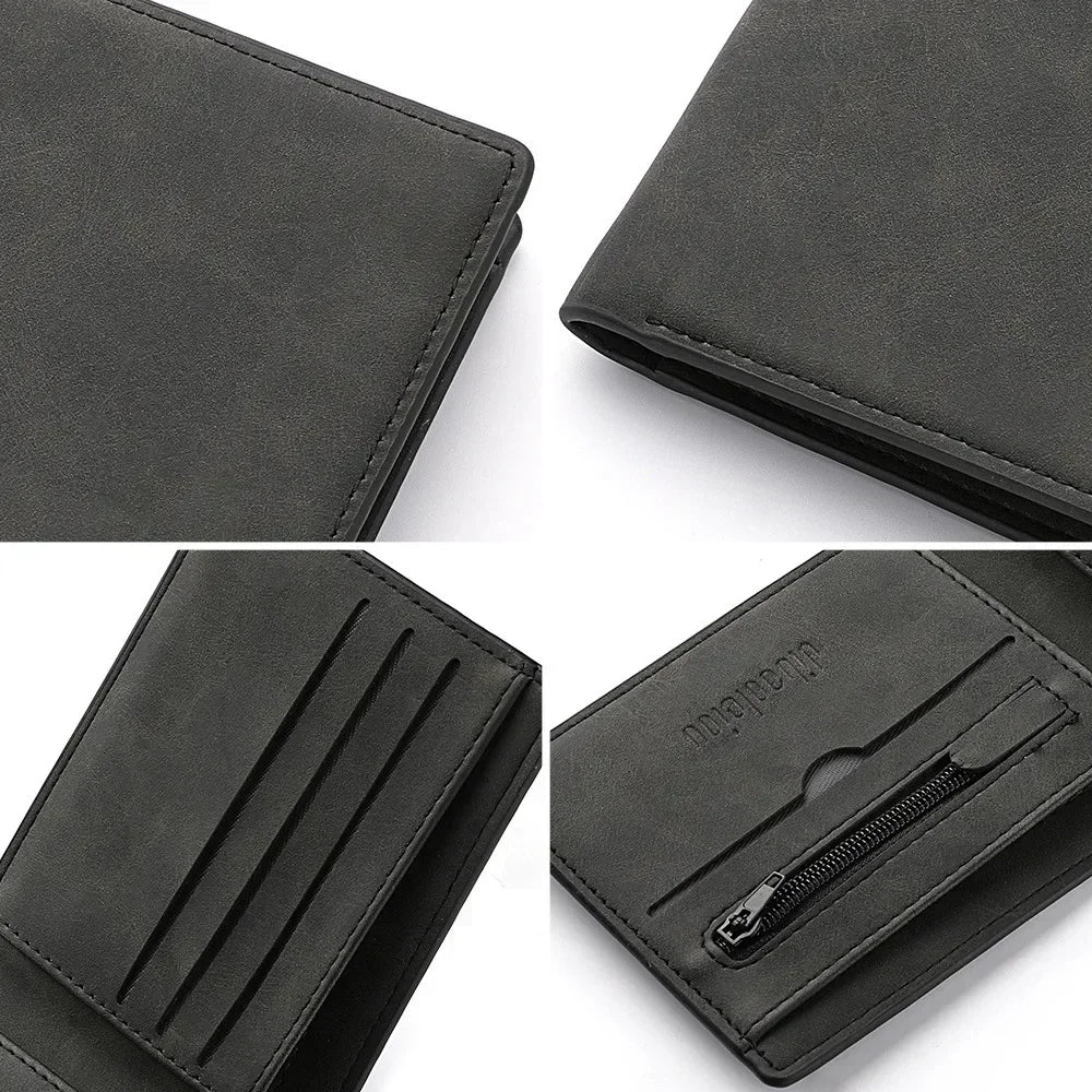 Men's Genuine PU Leather Short Zipper Wallet with Money Clip