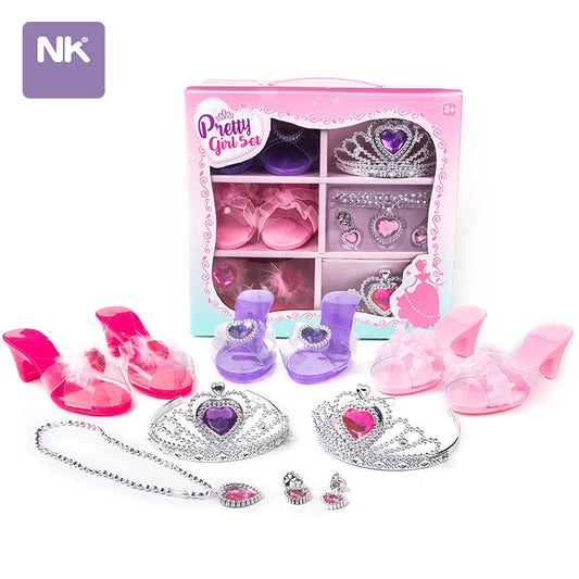 Toddler Girls Pretend Play Princess Accessories Set: Dress Up Shoes, Crown, Necklace, Ring, and Makeup Toy