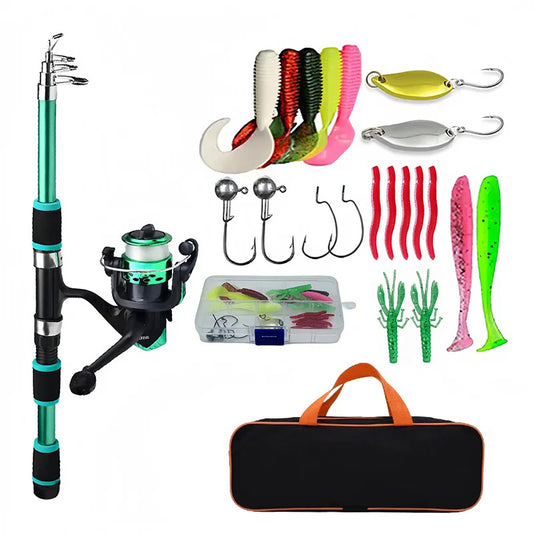 Complete Fishing Pole Set with Telescopic Rod, Spinning Reel, Baits, Hooks, and Travel Case