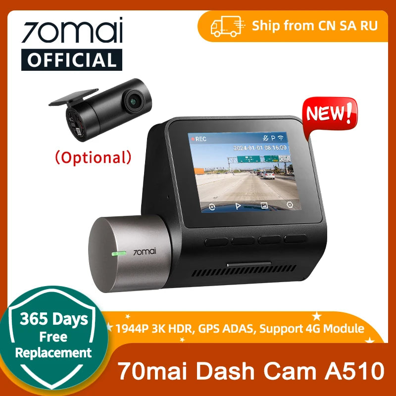 2024 A510 Dash Cam with 1944P HDR, GPS, ADAS, and 4G Connectivity - Front and Rear Cam with 24H Parking Support