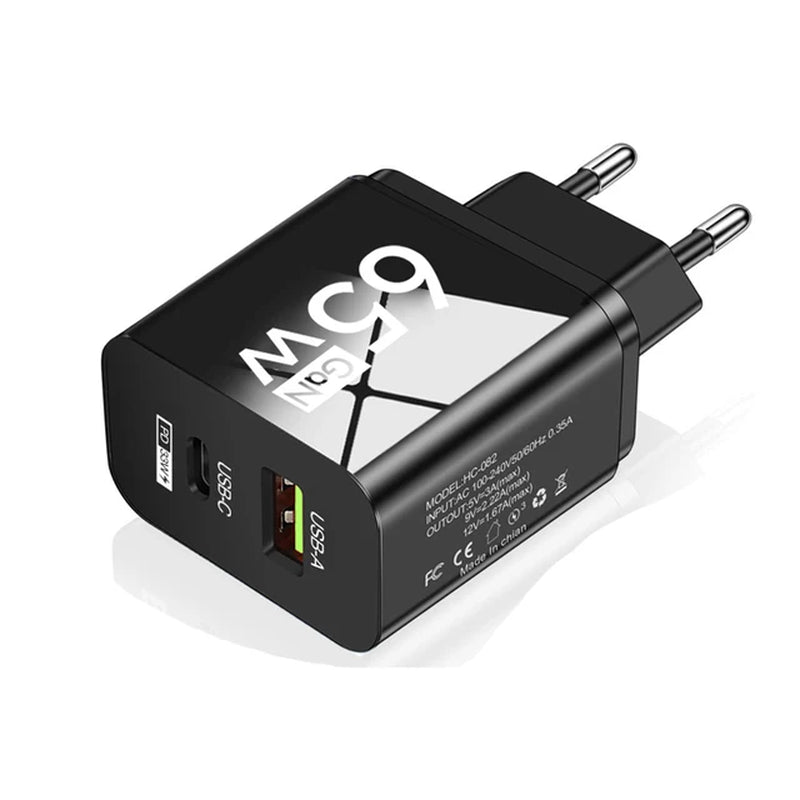 65W GAN USB Type C Wall Charger with QC 3.0 Fast Charging for iPhone, Xiaomi, Huawei, Samsung