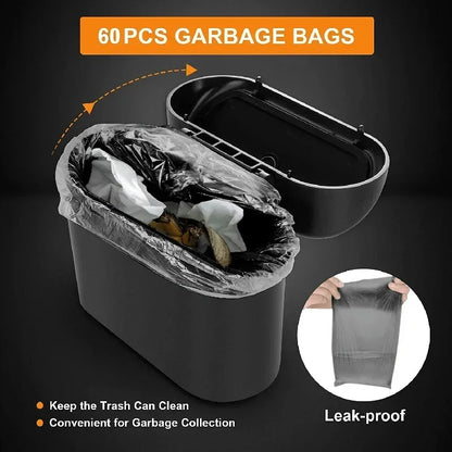 Car Trash Can Set with Lid and 60 Garbage Bags - Small Leak-Proof Mini Car Accessories